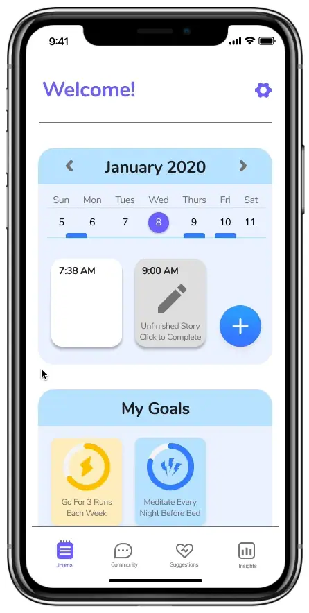 Animated walkthrough of the journal home screen