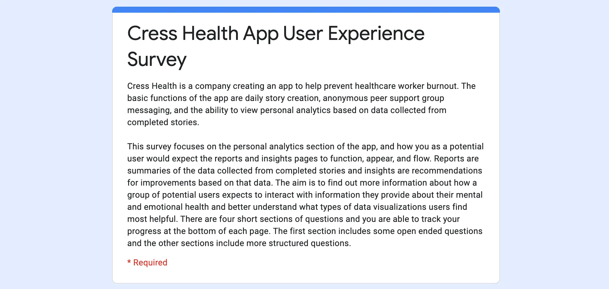 Cress Health App User Experience Survey form