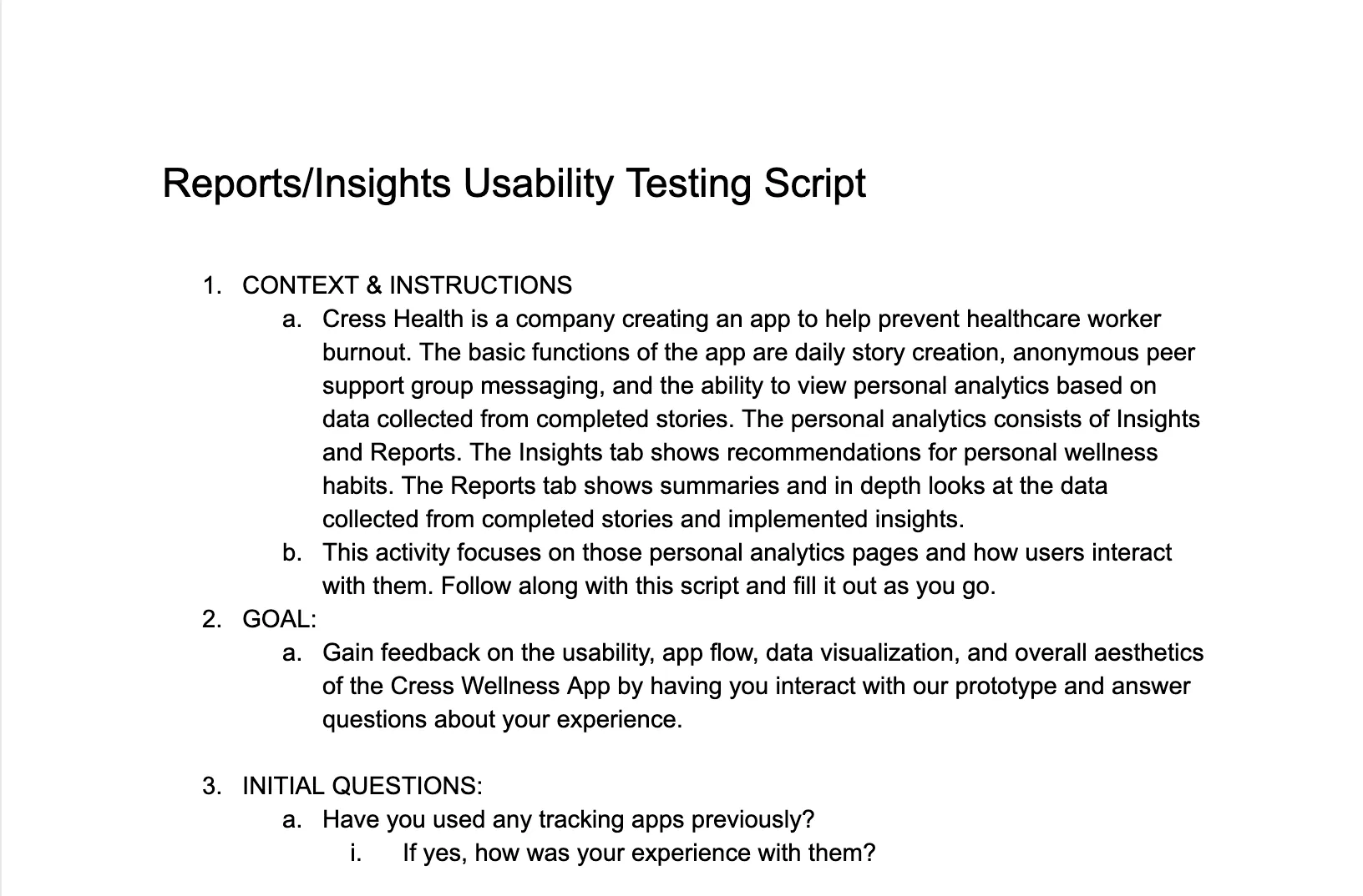 First page of the usability testing script