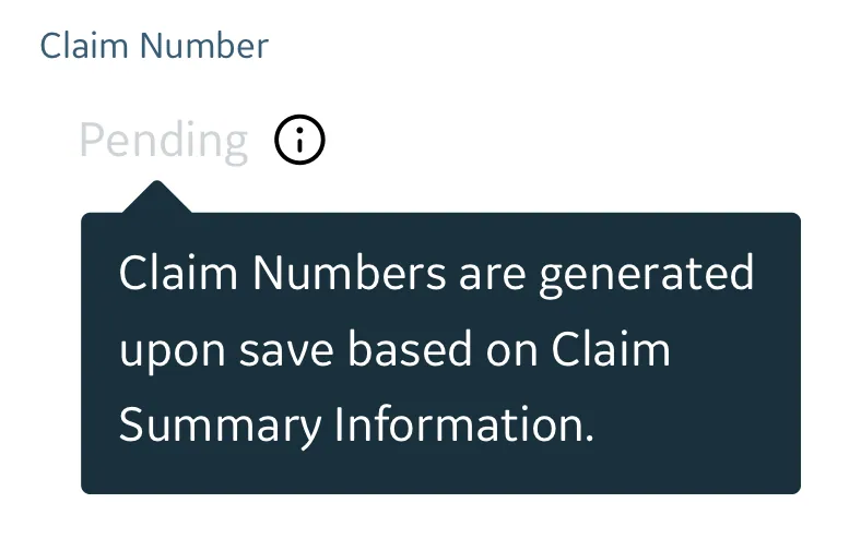 Claim number field after the fix, with the info icon next to "pending"