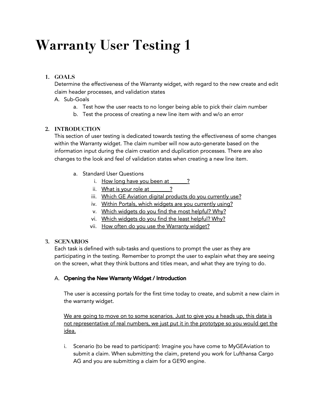 First page of the warranty usability testing script