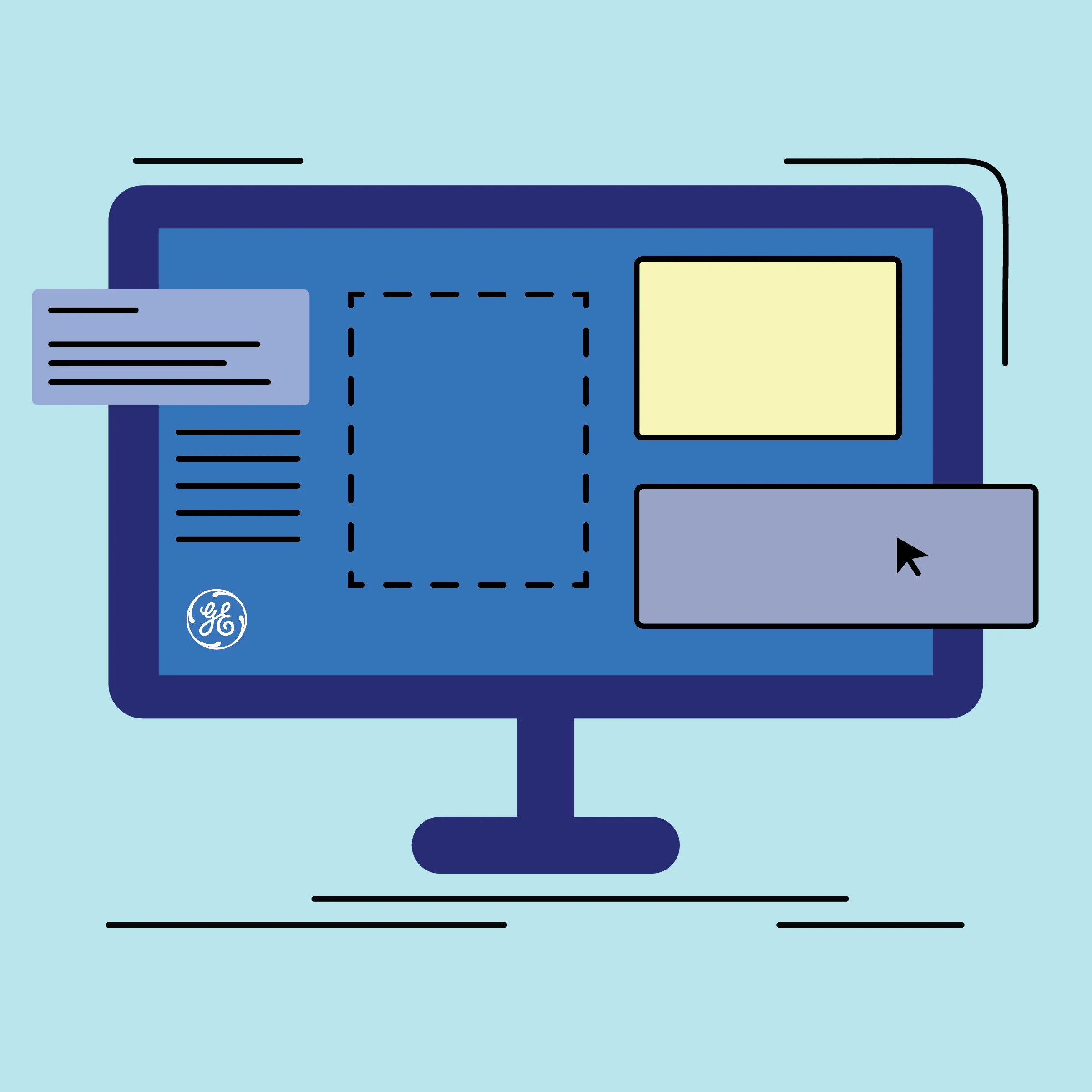Illustration of a desktop monitor showing an application interface with the GE logo