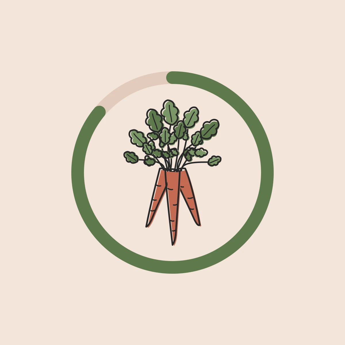 The hand-drawn carrot bunch from the Whole Bunch app, inside a nearly complete green ring like a percent-used score