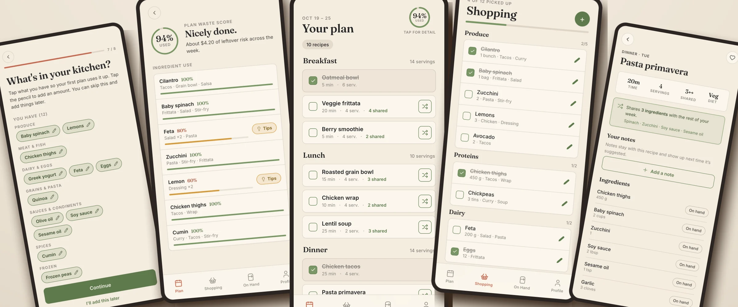 Five Whole Bunch phone screens fanned out: the kitchen step, the waste score, the weekly plan, the shopping list and a recipe