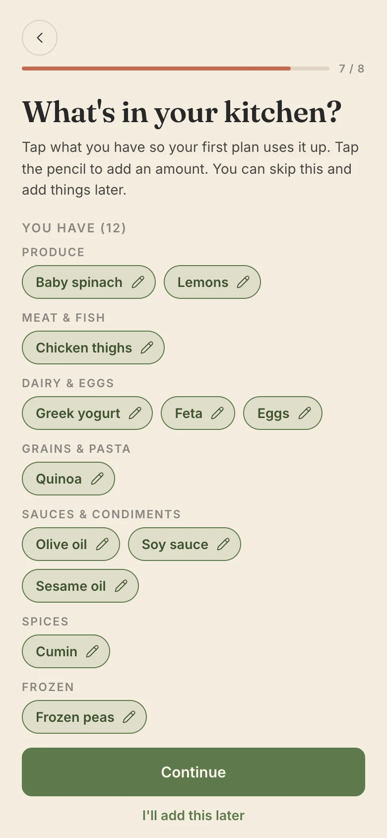 What’s in your kitchen, with picked items grouped by produce, meat and fish, dairy and more