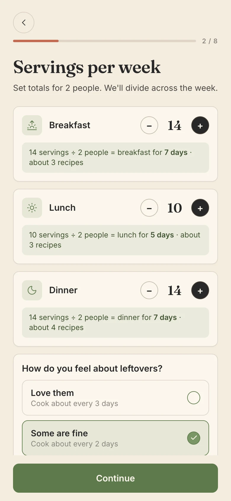 Servings per week, with a serving count for each meal and a question about leftovers