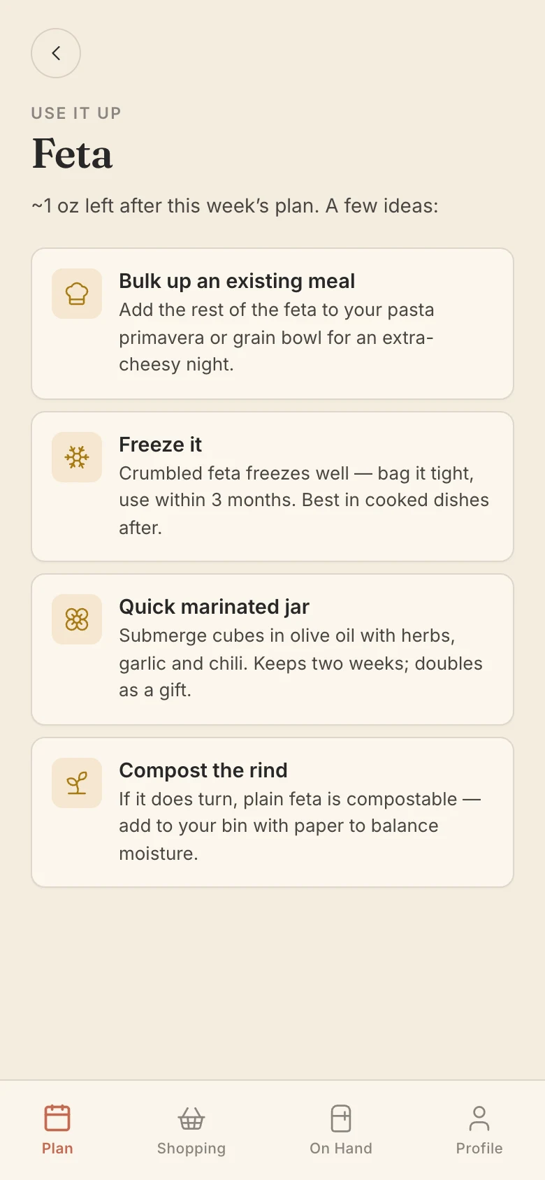 Use it up page for feta, with ideas for the leftover amount